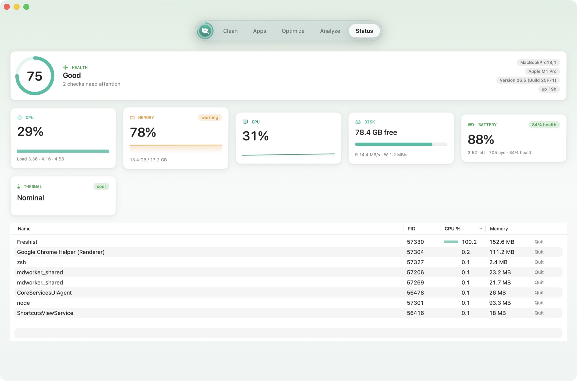 Freshist Status — a live dashboard of your Mac's vitals